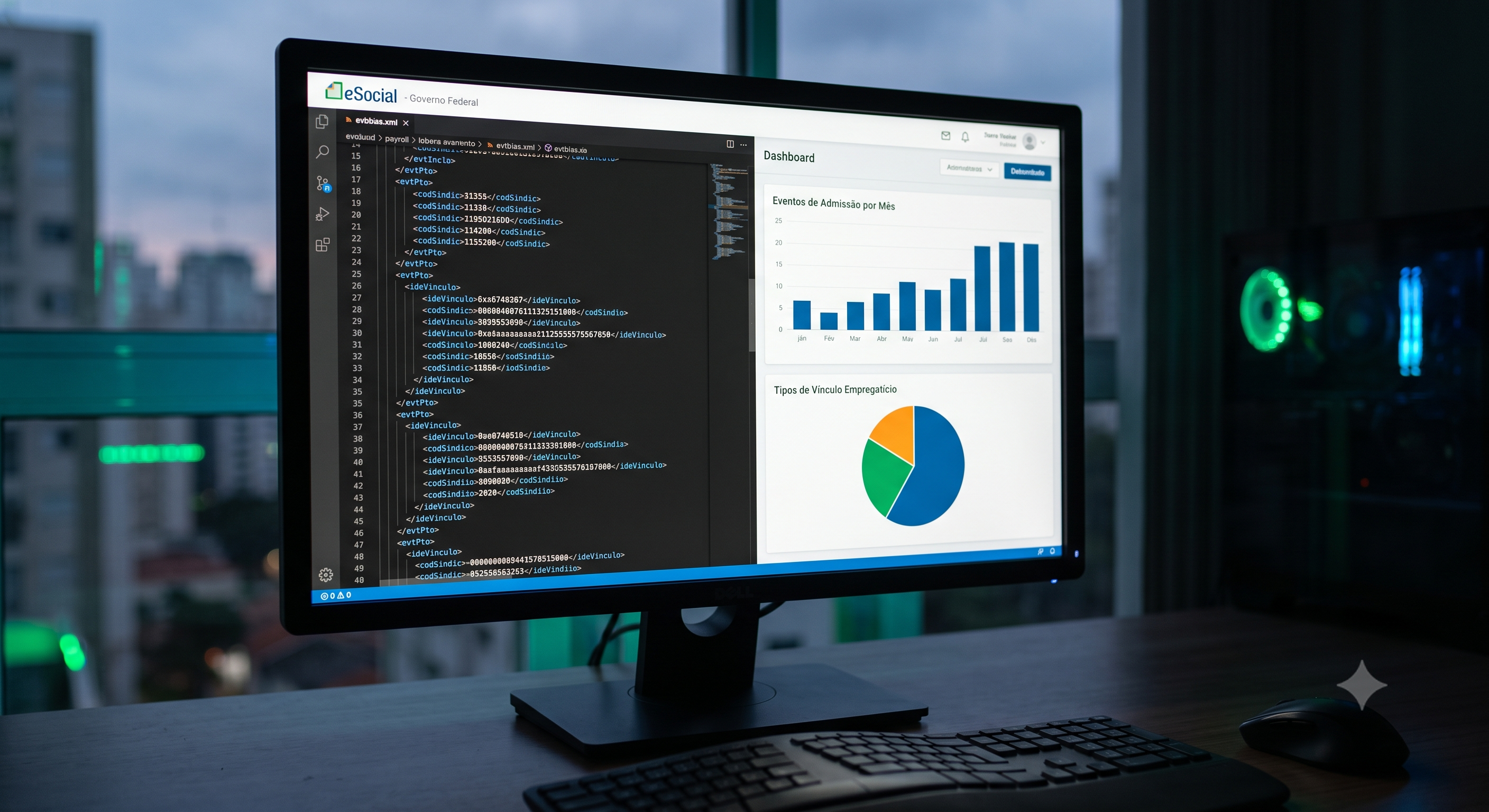 Tela de computador exibindo códigos e gráficos do eSocial